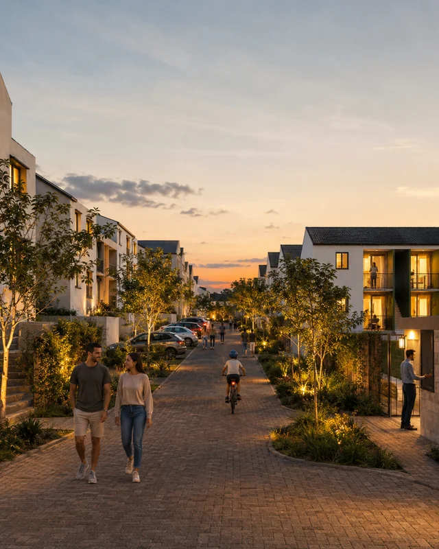 Rua residencial do bairro ao entardecer, iluminada, com moradores caminhando e de bicicleta