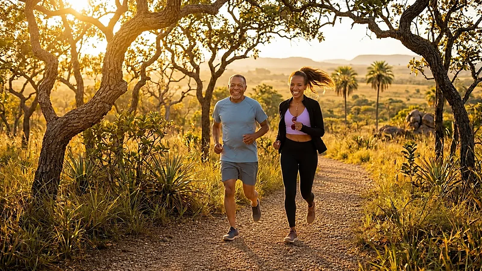 Casal correndo em um caminho cercado de vegetação no fim da tarde