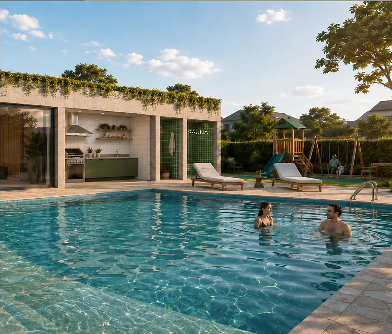 Piscina do condomínio com deck e espreguiçadeiras