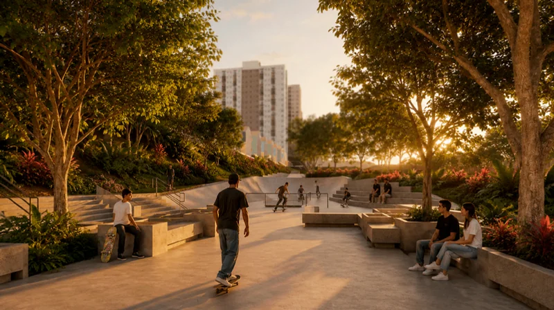 Pista de skate arborizada com jovens andando de skate no fim da tarde