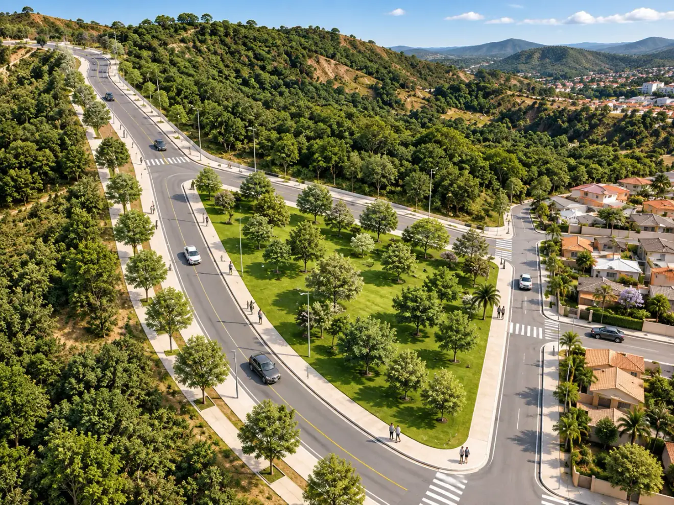 Vista aérea de uma avenida arborizada com parque no canteiro central, ligando a mata dos morros aos bairros vizinhos